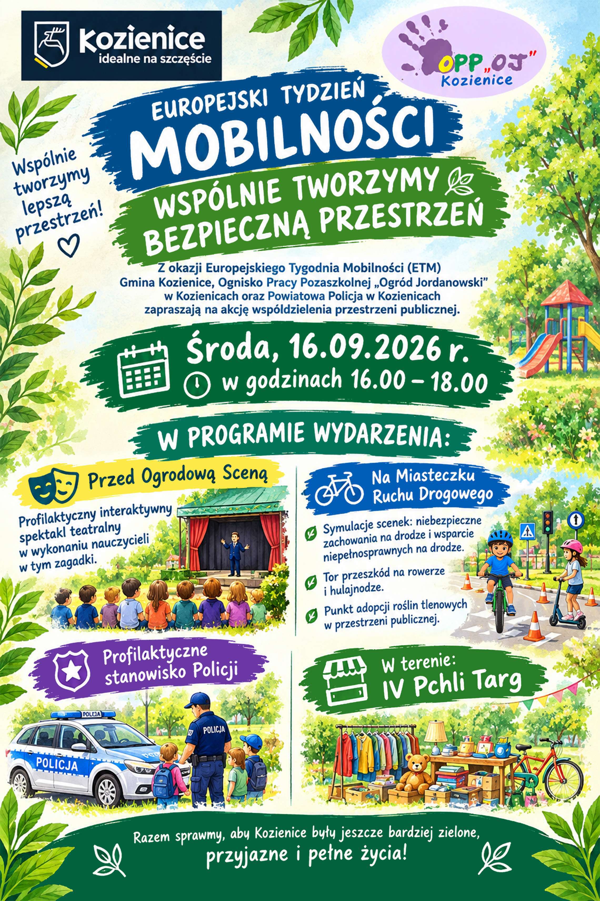 Kolorowy, rysunkowy plakat z treścią ogłoszenia. Zielony plac zabaw. Scenki: plenerowa scena z dziećmi na widowni, policjant przy radiowozie, dzieci na miasteczku ruchu drogowego, zabawki i odzież do sprzedania, zjeżdżalnia na placu zabaw.