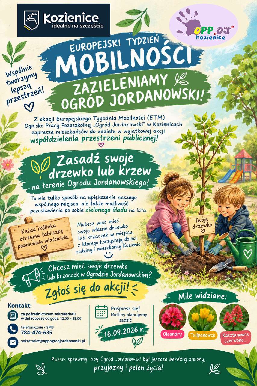 Treść ogłoszenia. Grafika rysunkowa z dziećmi sadzącymi drzewko.