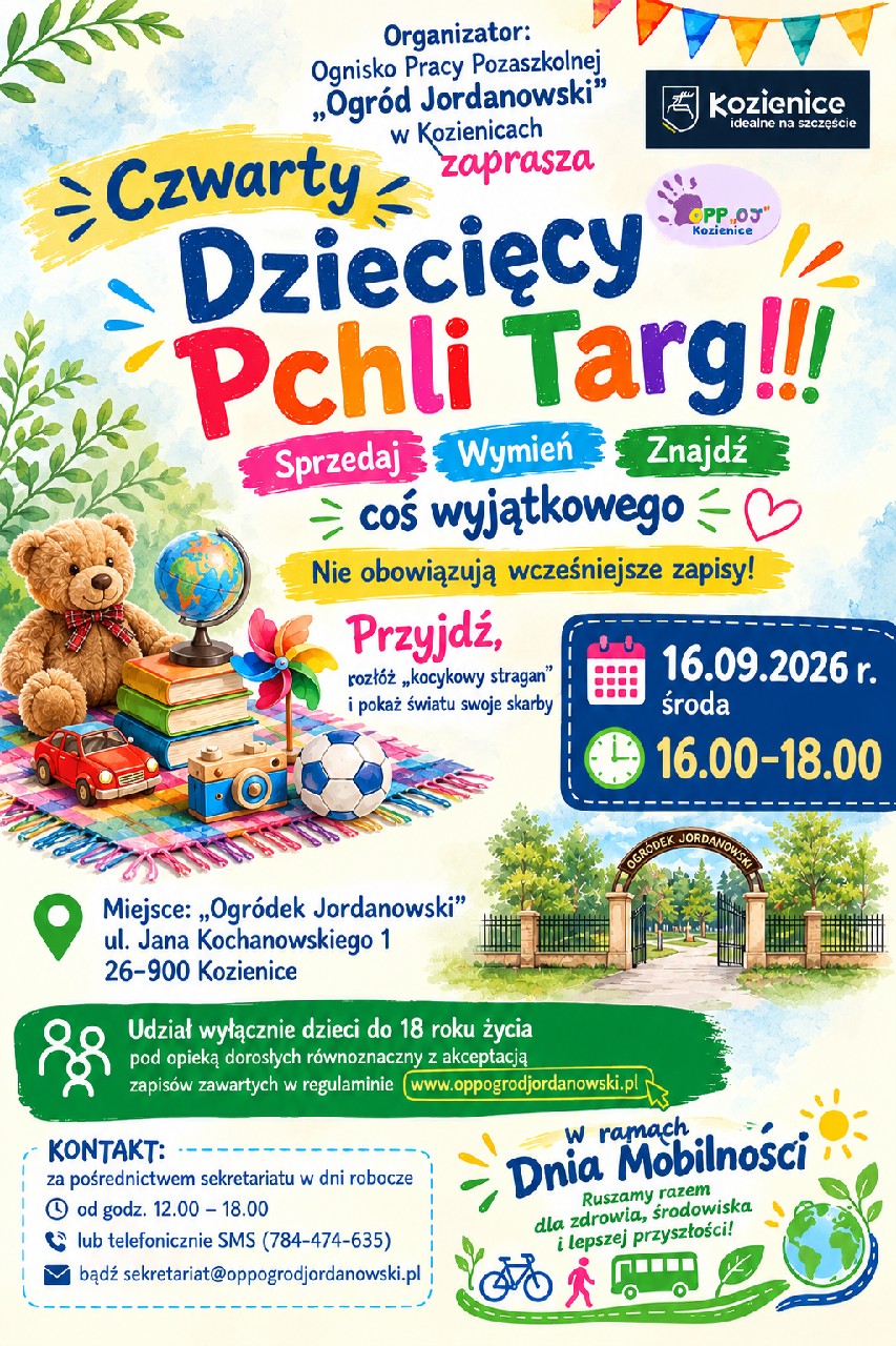 Kolorowy plakat z treścią ogłoszenia. Wejście do zielonego ogrodu z bramą. Zabawki i książki na kocyku. Styl rysunkowy.