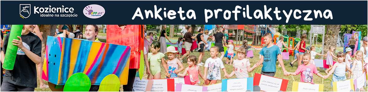 Nagłówek, zdjęcie z napisem ankieta profilaktyczna. Zdjęcie przedstawia dzieci i nauczycieli na placu OPP"OJ"