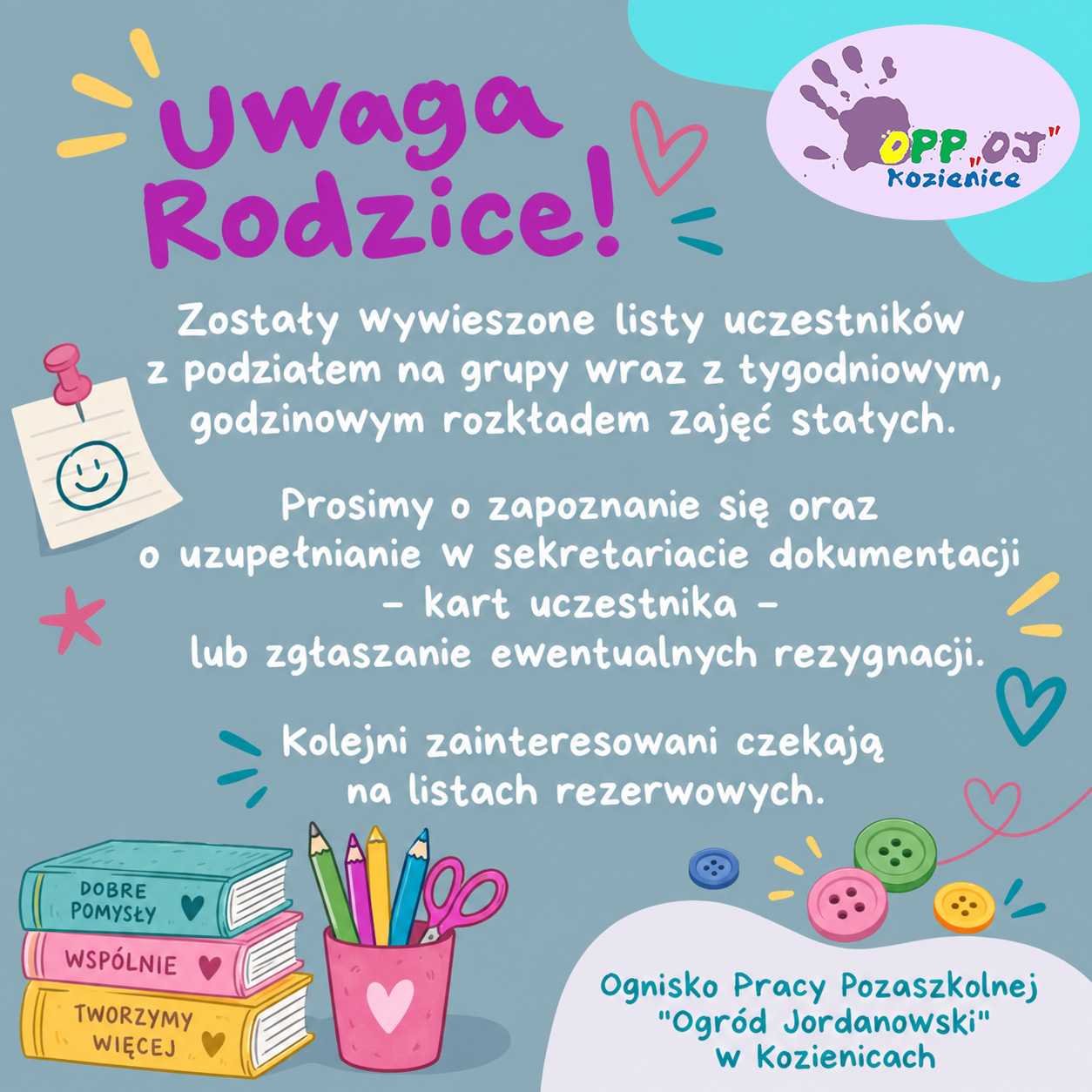 Kolorowa grafika. Książki. Guziki. Kredki. Z treścią ogłoszenia.